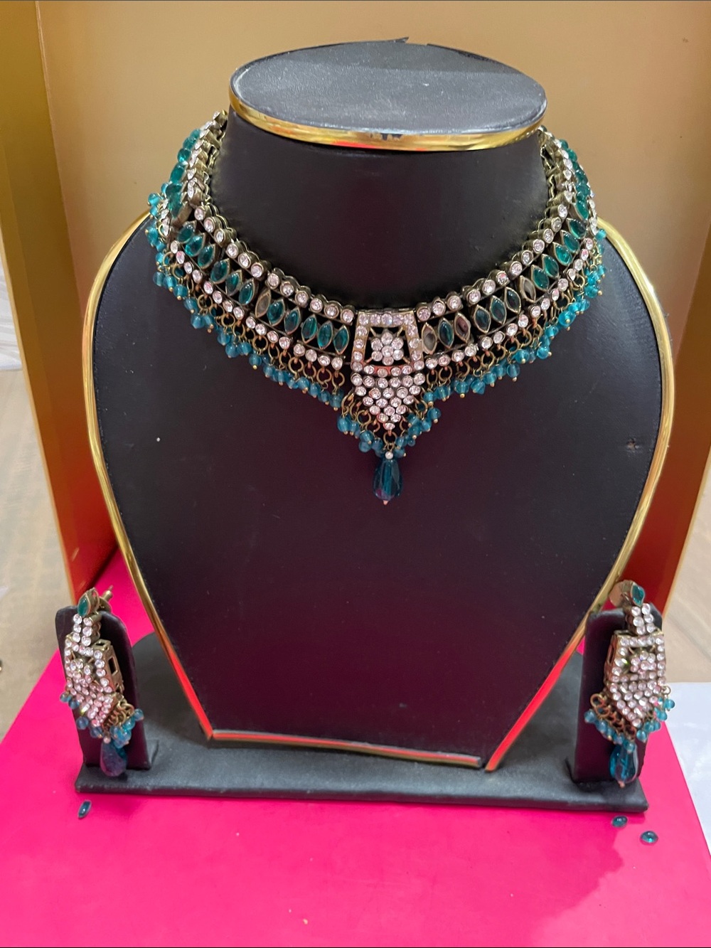 Teal Crystal Choker Necklace Set - Women Jewelry